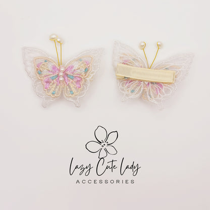 Embroidered Butterfly Hair Clips – Lace and Pearl Wedding Barrettes for Girls and Women