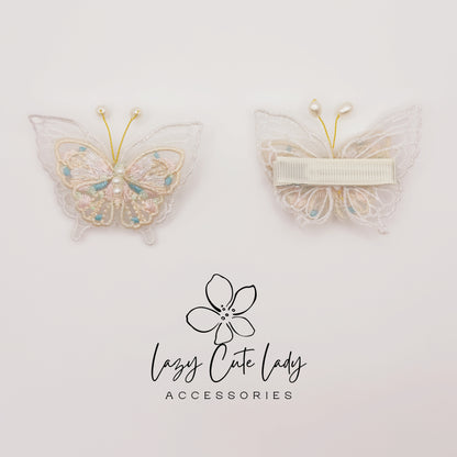 Embroidered Butterfly Hair Clips – Lace and Pearl Wedding Barrettes for Girls and Women