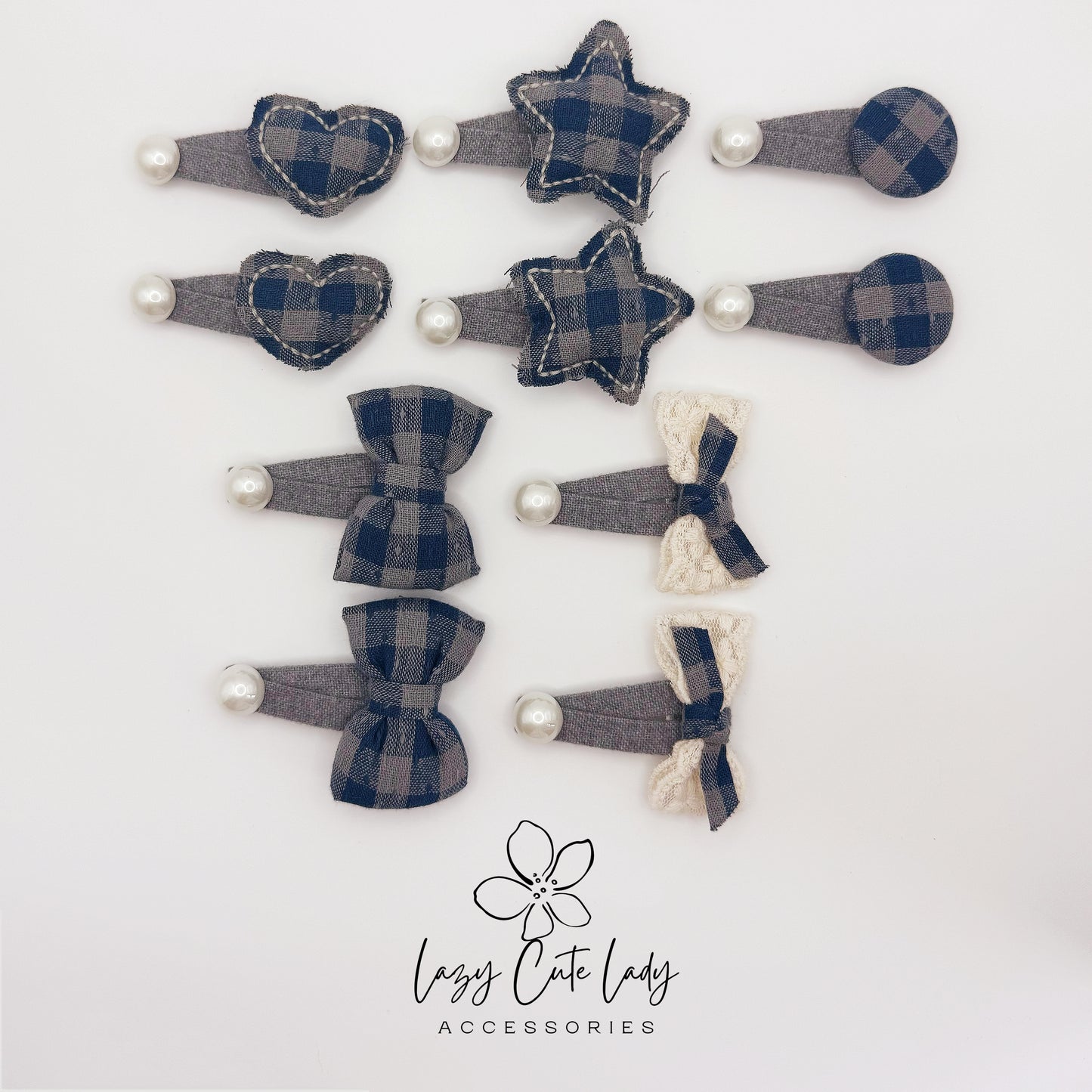 Blue Plaid Hair Clips Set – Cute Bow, Heart, Star &Pearl Snap Clips for Girls and Women