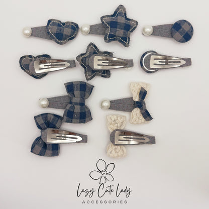 Blue Plaid Hair Clips Set – Cute Bow, Heart, Star &Pearl Snap Clips for Girls and Women
