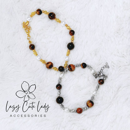 Elegant Tiger Eye and Pearl Bracelet - Gold and Silver Options