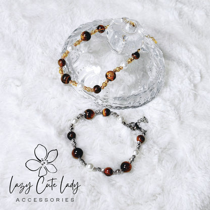 Elegant Tiger Eye and Pearl Bracelet - Gold and Silver Options