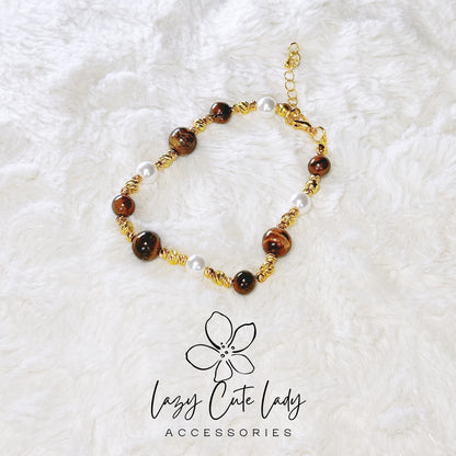 Elegant Tiger Eye and Pearl Bracelet - Gold and Silver Options