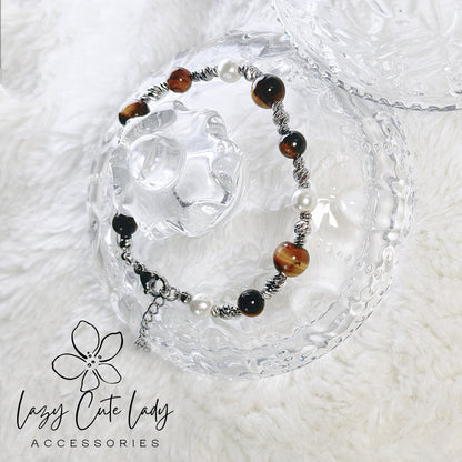 Elegant Tiger Eye and Pearl Bracelet - Gold and Silver Options