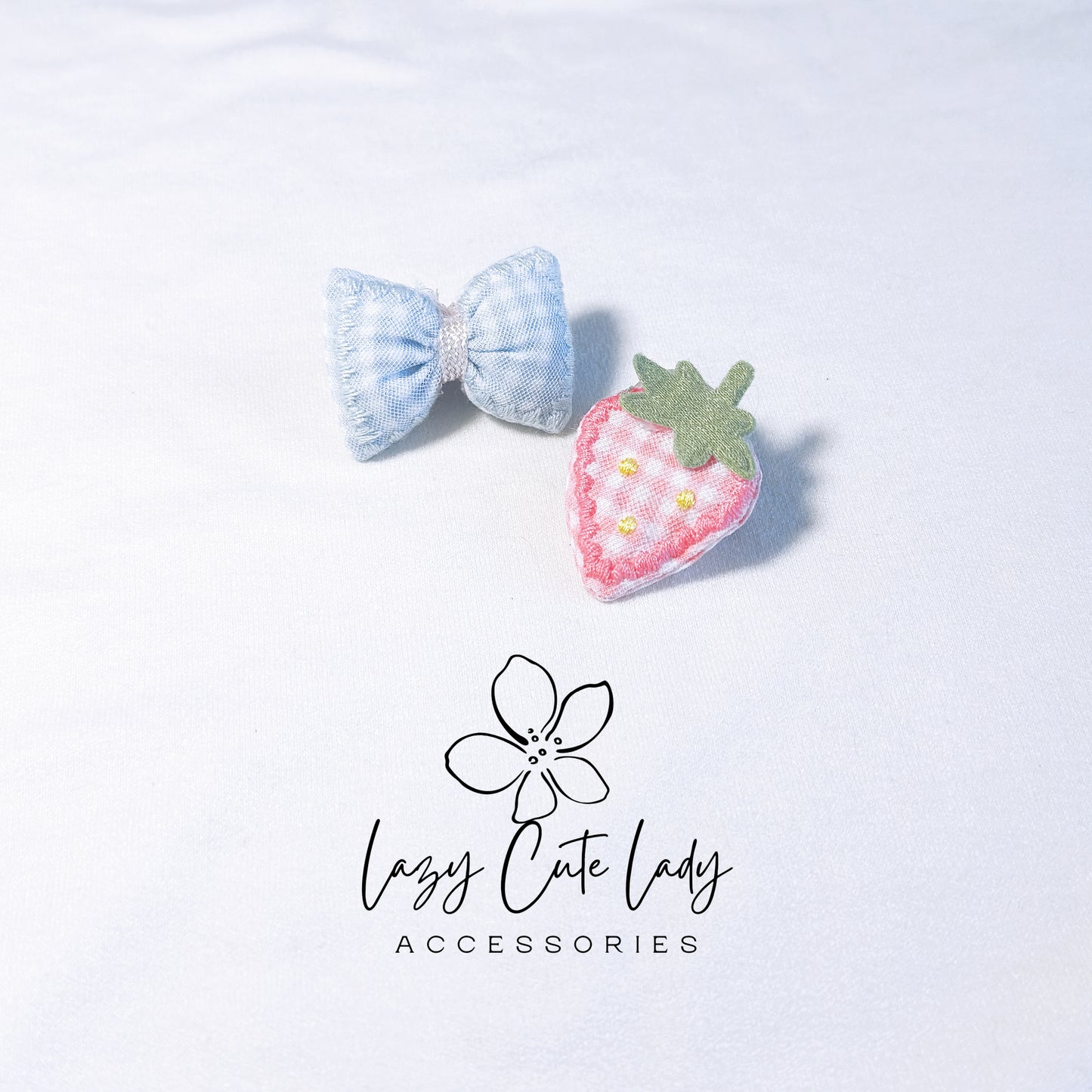 Adorable 1.5-Inch Fabric Bow and Strawberry Hair Clip Set - Pink and Blue Options