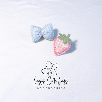 Adorable 1.5-Inch Fabric Bow and Strawberry Hair Clip Set - Pink and Blue Options