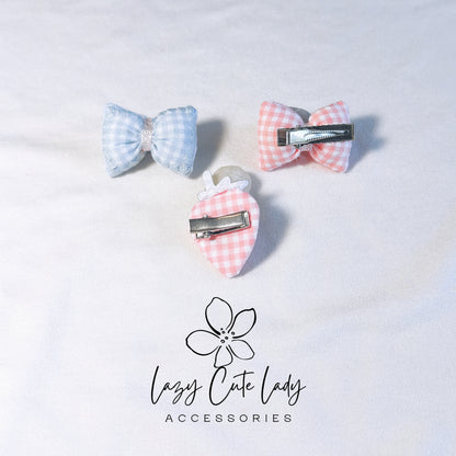 Adorable 1.5-Inch Fabric Bow and Strawberry Hair Clip Set - Pink and Blue Options