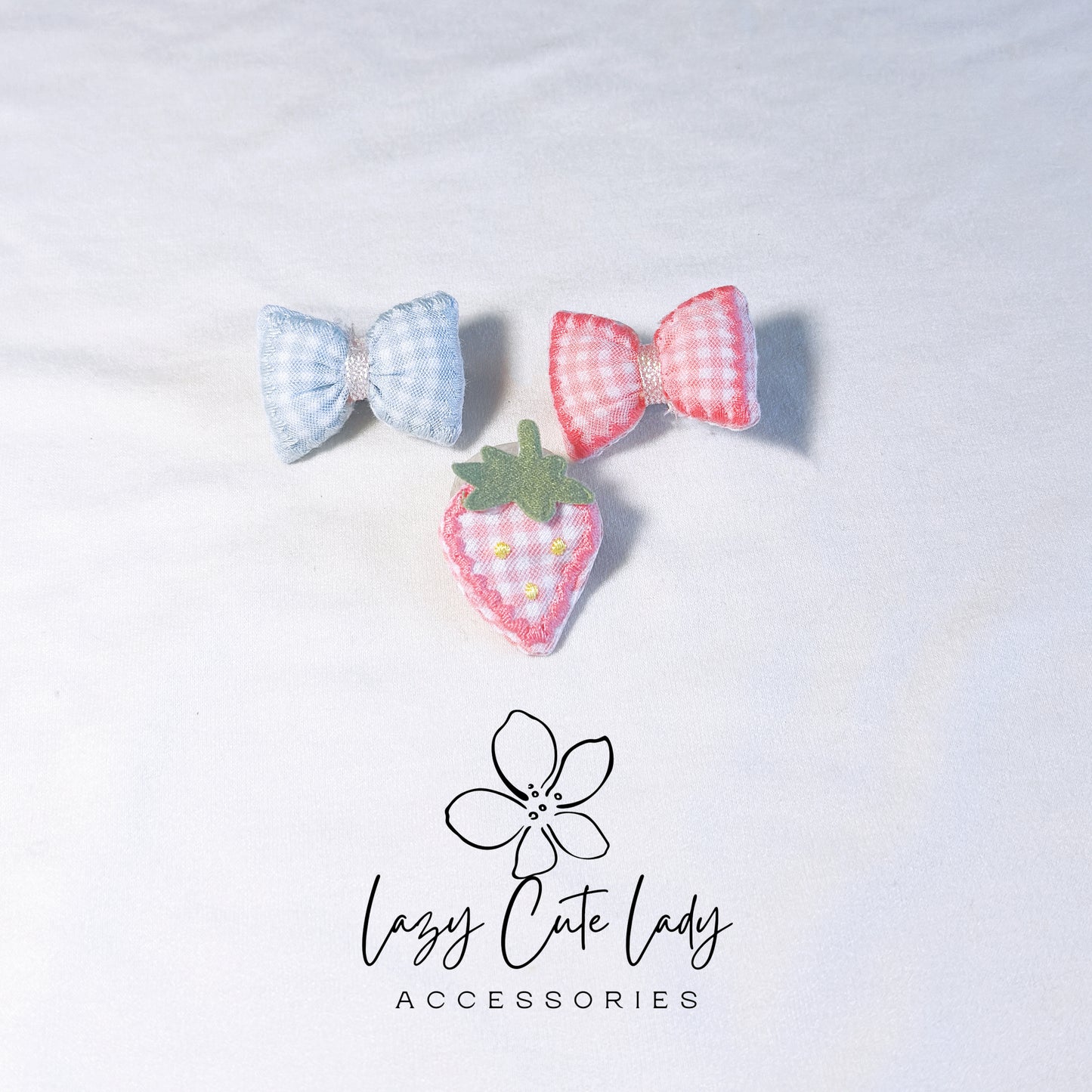 Adorable 1.5-Inch Fabric Bow and Strawberry Hair Clip Set - Pink and Blue Options