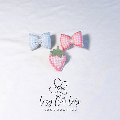 Adorable 1.5-Inch Fabric Bow and Strawberry Hair Clip Set - Pink and Blue Options