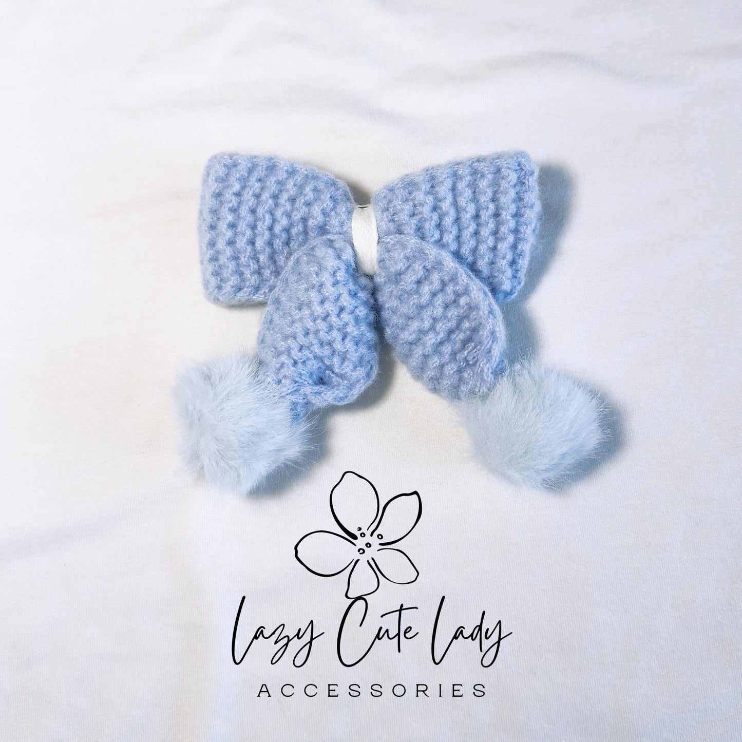 Cozy Knit Bow Hair Clip - 4-Inch Fluffy Design in Beige, Light Blue, and Pink