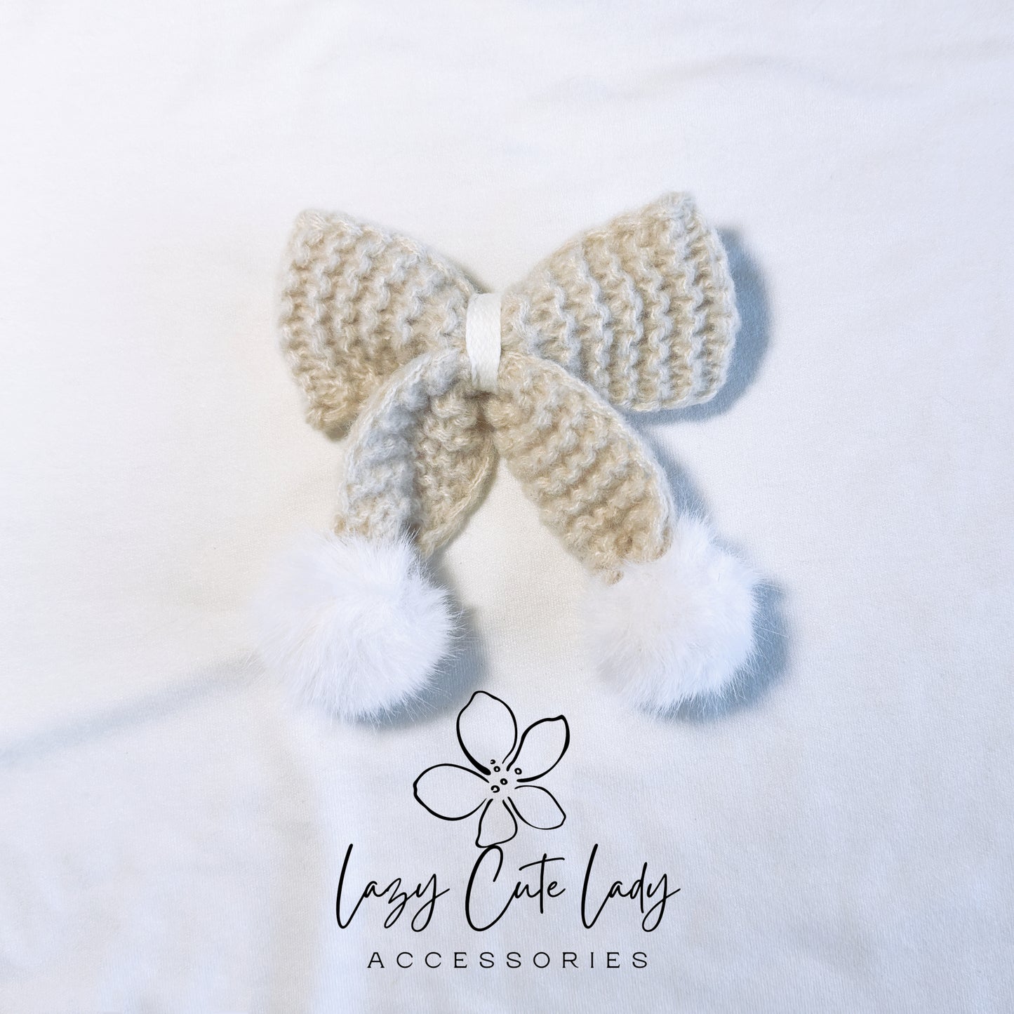 Cozy Knit Bow Hair Clip - 4-Inch Fluffy Design in Beige, Light Blue, and Pink