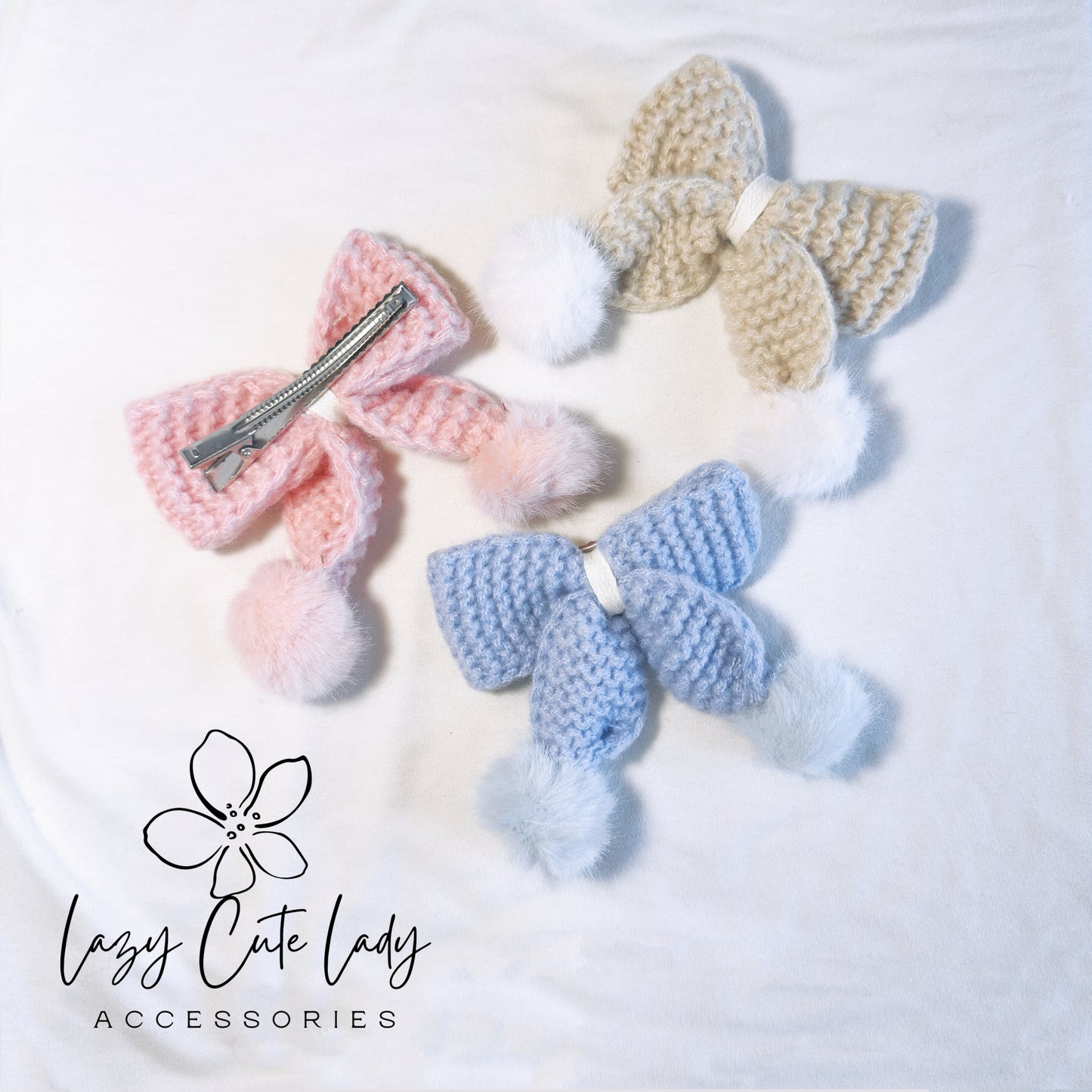 Cozy Knit Bow Hair Clip - 4-Inch Fluffy Design in Beige, Light Blue, and Pink