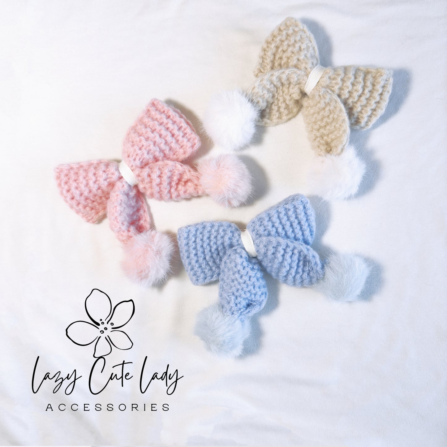 Cozy Knit Bow Hair Clip - 4-Inch Fluffy Design in Beige, Light Blue, and Pink