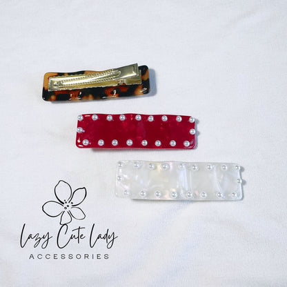 Elegant 3-Inch Acetate Wave Hair Clip with Pearl Accents - Brown, White, and Red Options