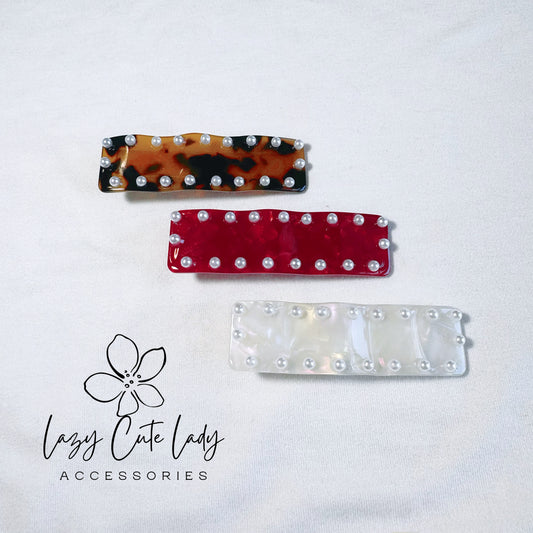 Elegant 3-Inch Acetate Wave Hair Clip with Pearl Accents - Brown, White, and Red Options