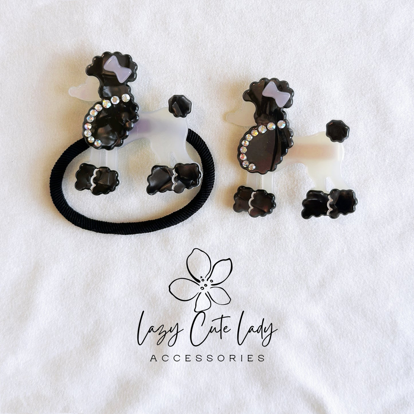 Adorable Poodle-Inspired Hair Accessories - Rhinestone Dog Hair Clips & Ties in White, Black, and Brown