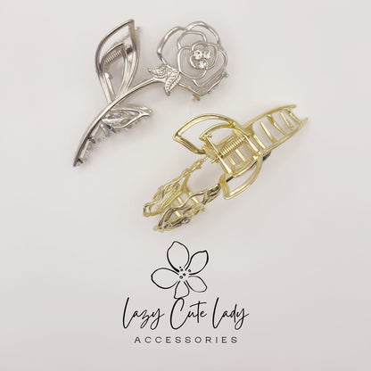 Rose Hair Claw Clip – Elegant Metal Flower Hair Accessories with Rhinestones for Women and Girls