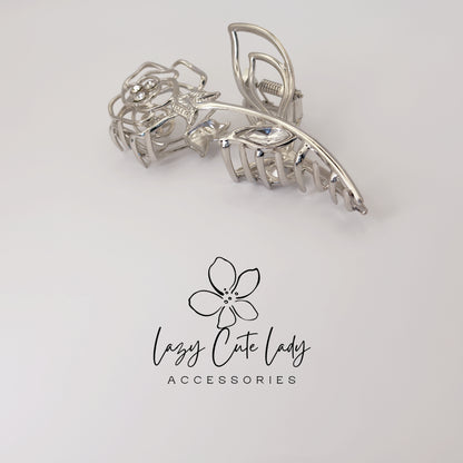 Rose Hair Claw Clip – Elegant Metal Flower Hair Accessories with Rhinestones for Women and Girls