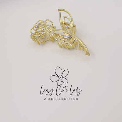Rose Hair Claw Clip – Elegant Metal Flower Hair Accessories with Rhinestones for Women and Girls