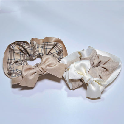 Sophisticated Milk Tea Fabric Hair Scrunchie with Ribbon Bow and Satin Edge