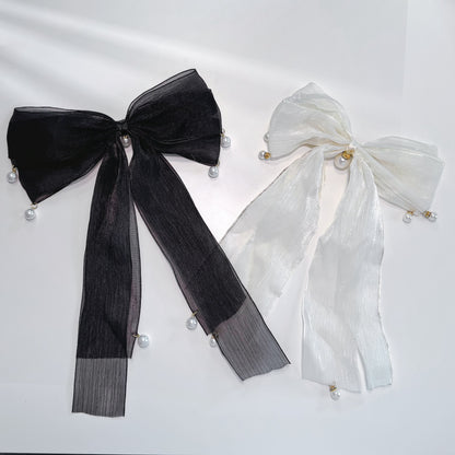 Elegant Ribbon and Pearl Bow Hair Accessory – Graceful and Charming