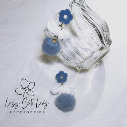 Fresh Breeze: Blue Felt Ball and Flower Bow Earrings