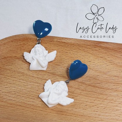 Exquisite Navy Blue Heart and White Angel Earrings