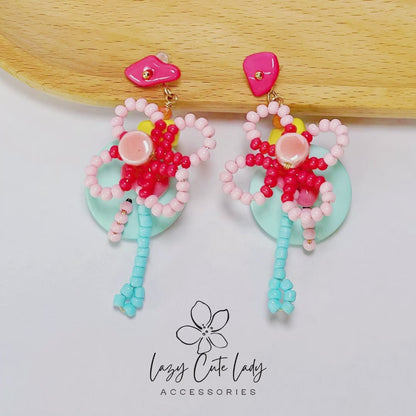 Handcrafted Beaded Flower Drop Earrings - Pink Blossoms with Blue Accents