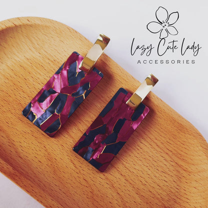 Vintage Geometric Acetate Rectangular Earrings - Bold Rose Pink & Deep Blue with Metal Accents